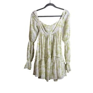 Urban Outfitters Green Toile Mini Dress XS Long Sleeve Cottagecore Tie Back